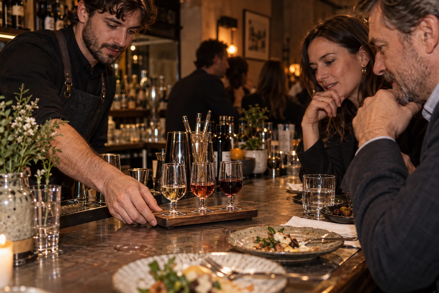 Barman podaje deskę z kieliszkami nalewek gościom przy barze podczas firmowego wieczoru