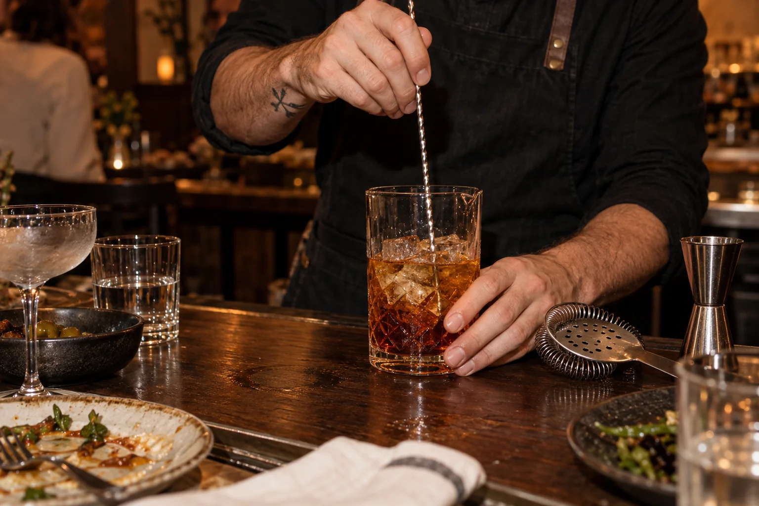 Barman miesza koktajl z lodem w szklanicy przy barze