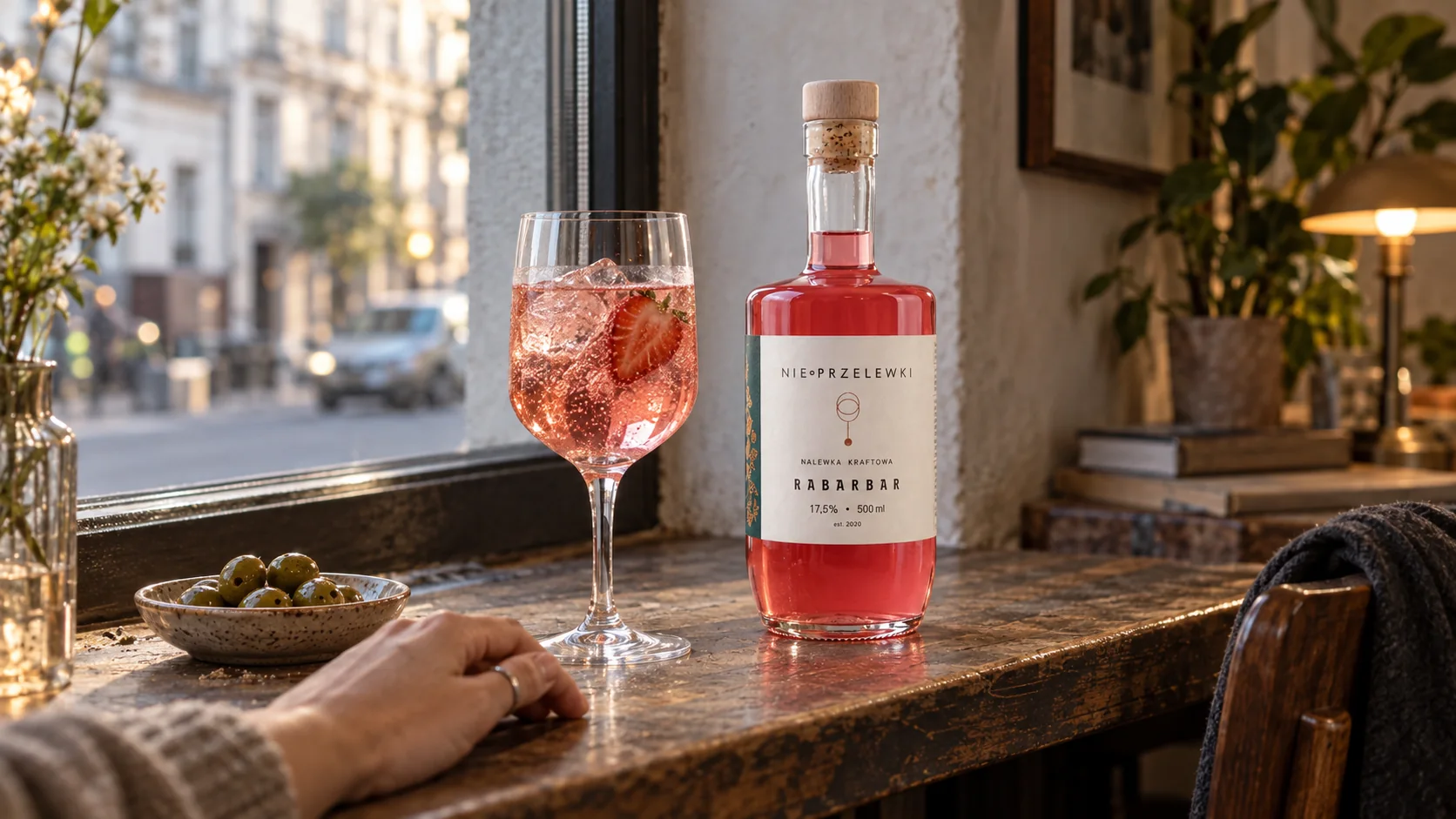 Spritz z nalewką Rabarbar i truskawką przy oknie baru, obok butelka Nie Przelewki i miseczka oliwek