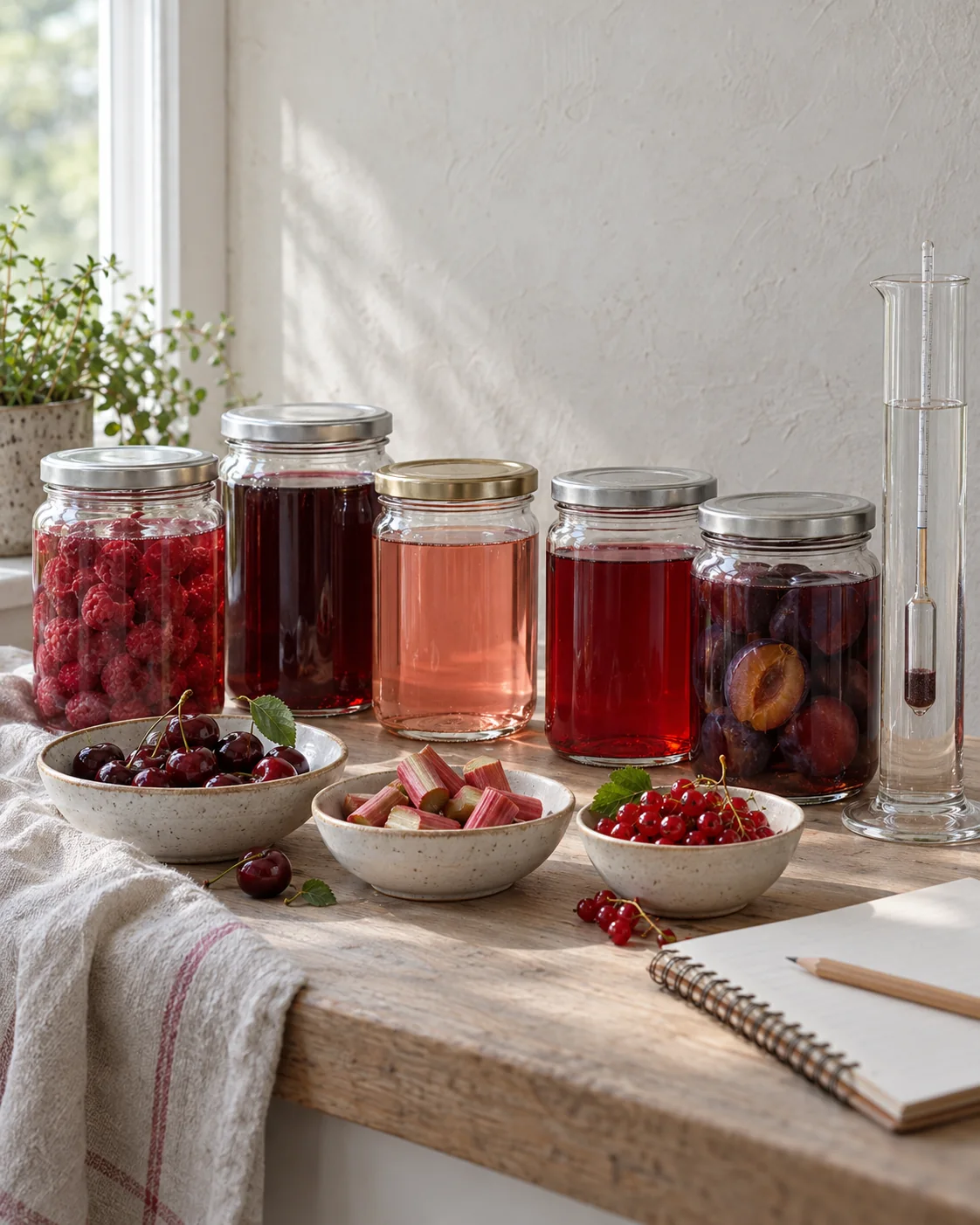 Słoje z nalewkami w różnych kolorach i miski z owocami na kuchennym blacie