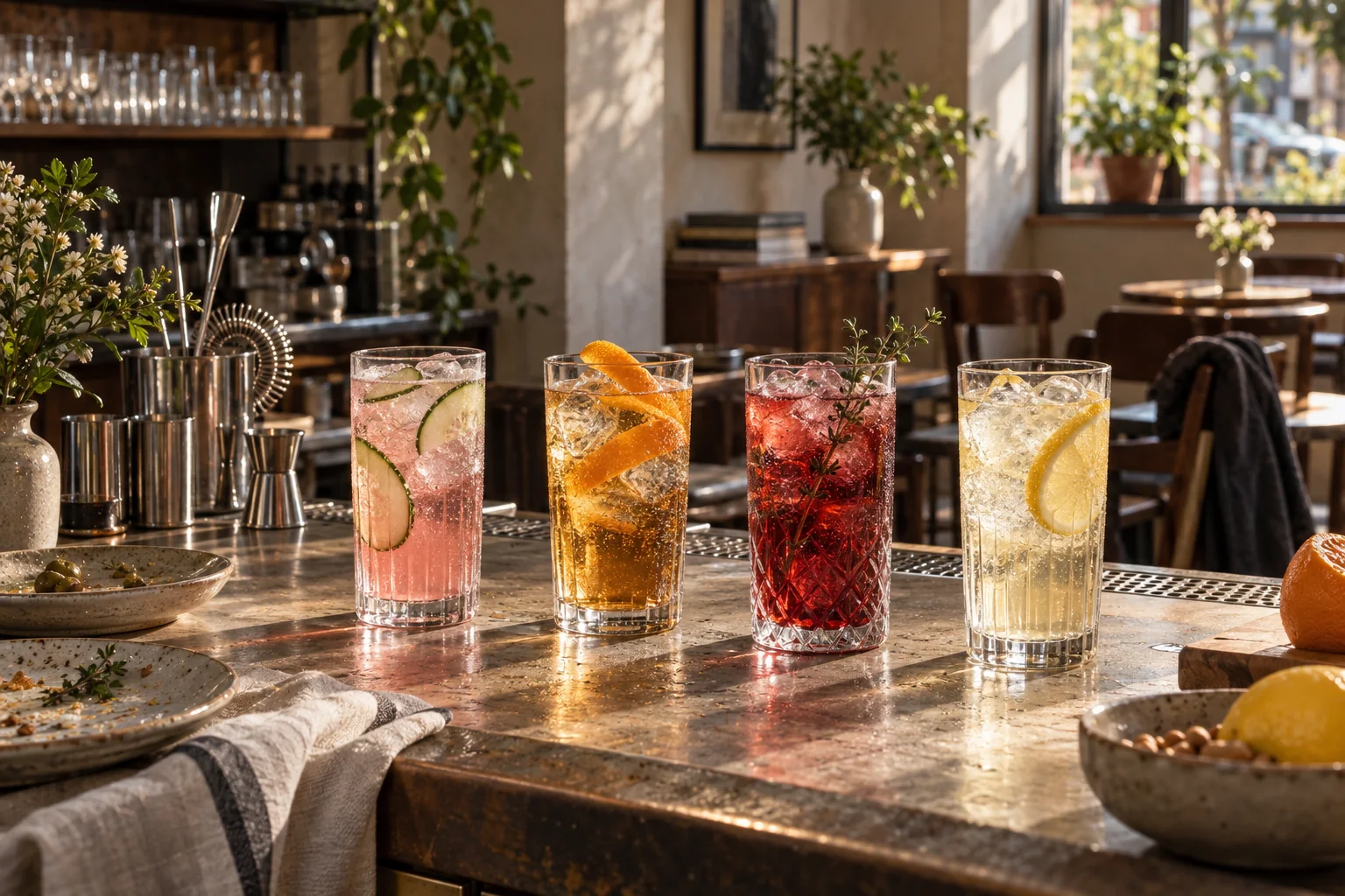 Cztery koktajle z nalewką w wysokich szklankach na barze restauracji