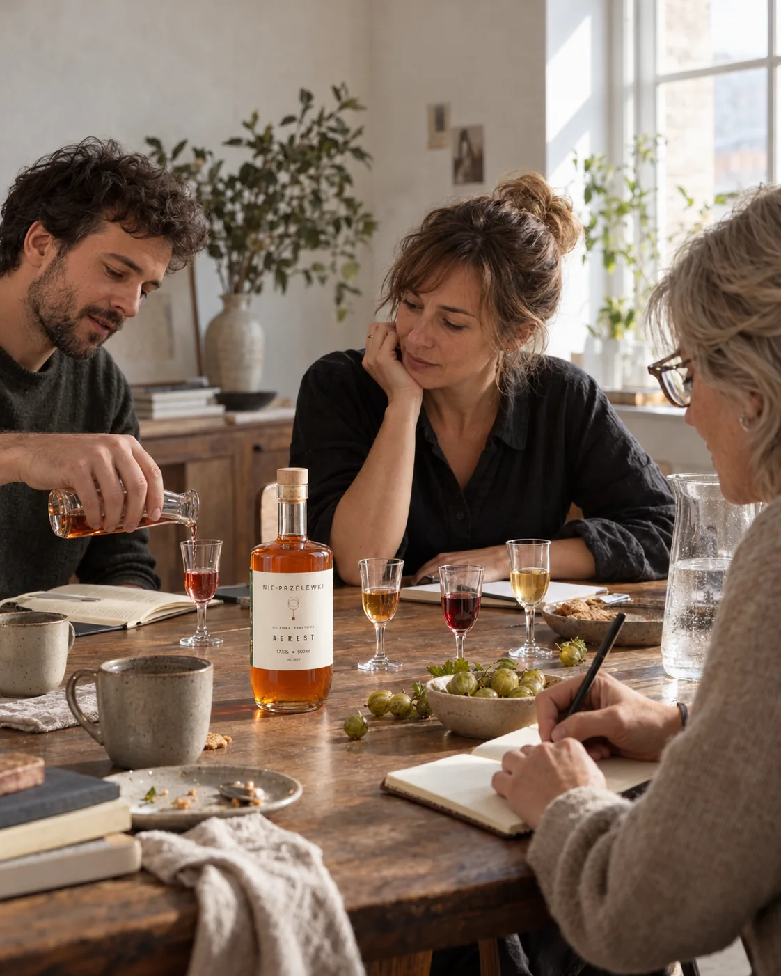 A conversation at a table with notes, glasses and a bottle of Nie Przelewki Gooseberry nalewka