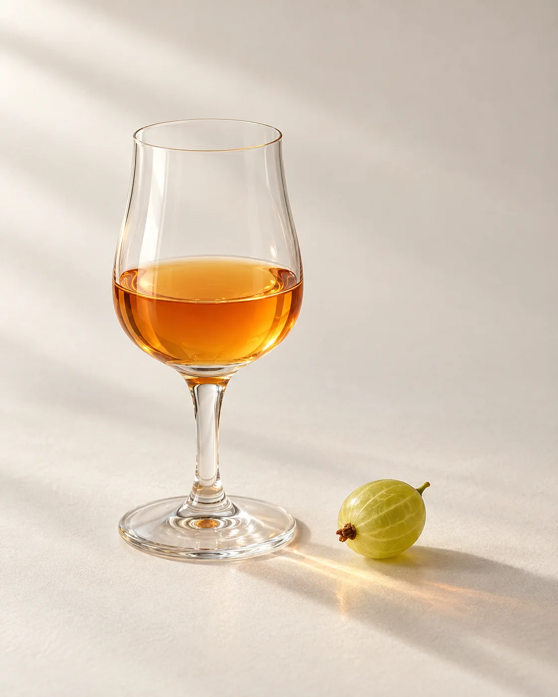 A 40 ml serve of Gooseberry in a small stemmed glass, colour against the light
