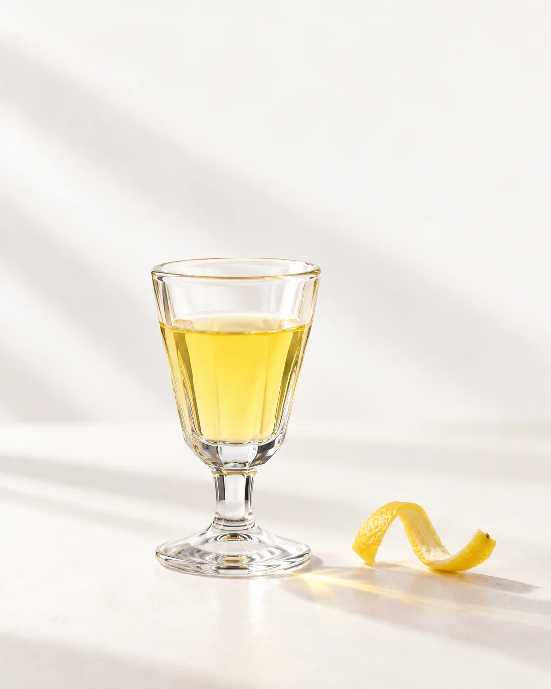 A 40 ml serve of Lemon in a small stemmed glass, colour against the light