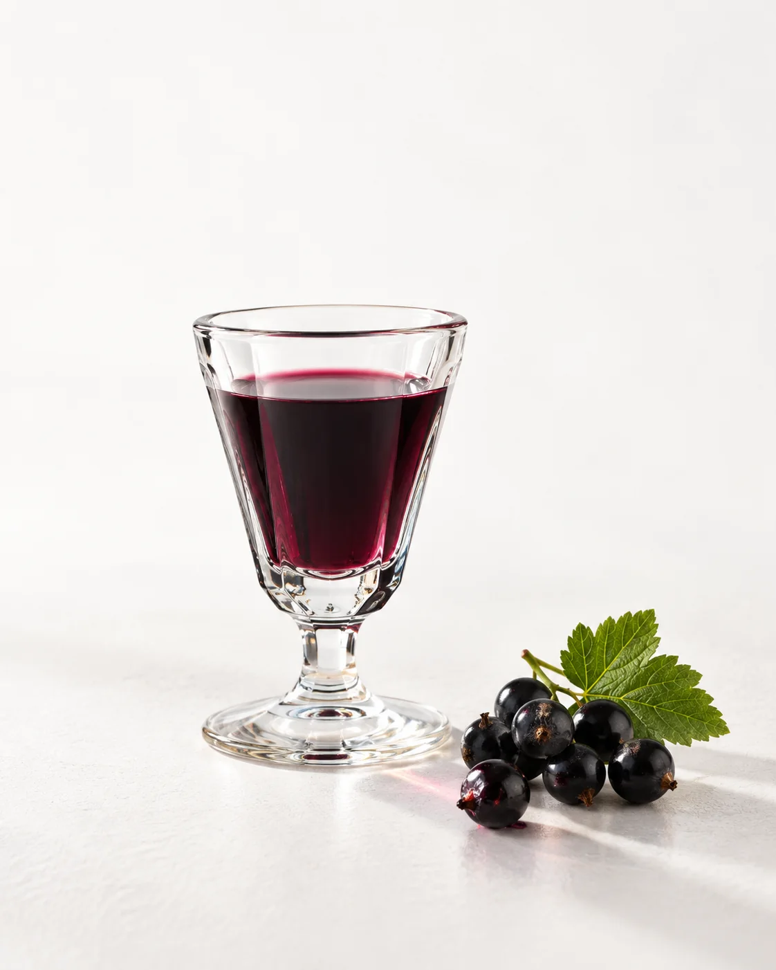 A 40 ml serve of Blackcurrant in a small stemmed glass, colour against the light