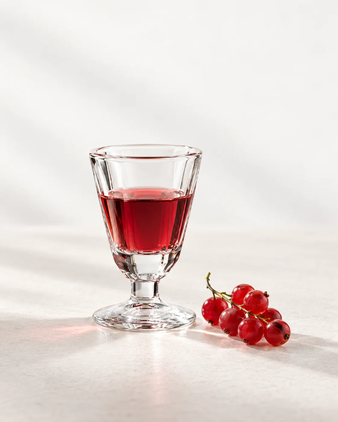 A 40 ml serve of Redcurrant in a small stemmed glass, colour against the light