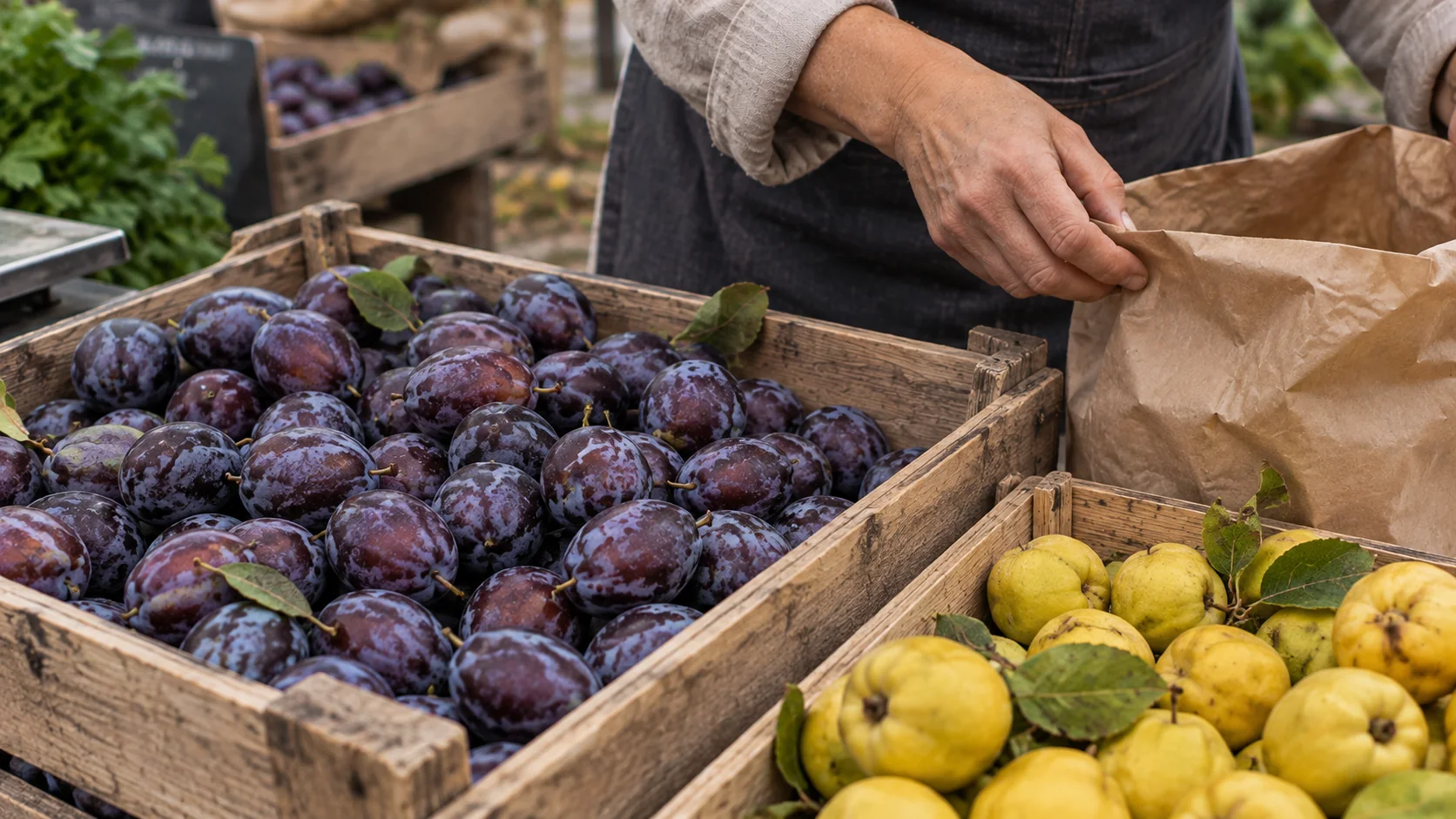 Autumn fruit at a market in October: plums, Japanese quince and cranberries in crates