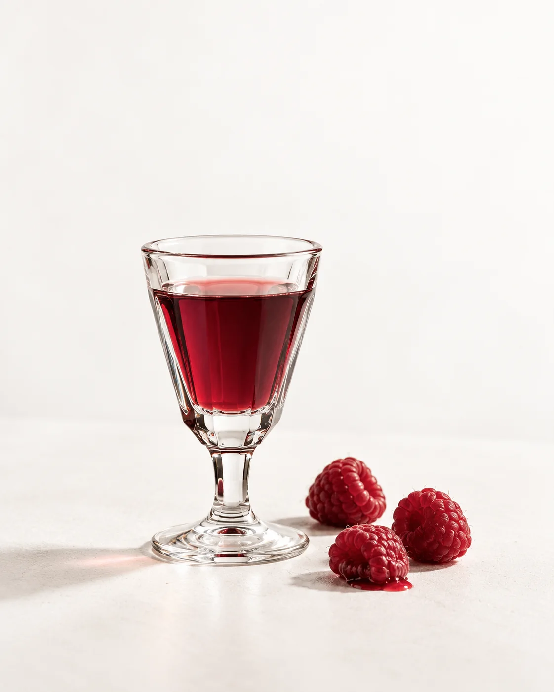 A 40 ml serve of Raspberry in a small stemmed glass, colour against the light
