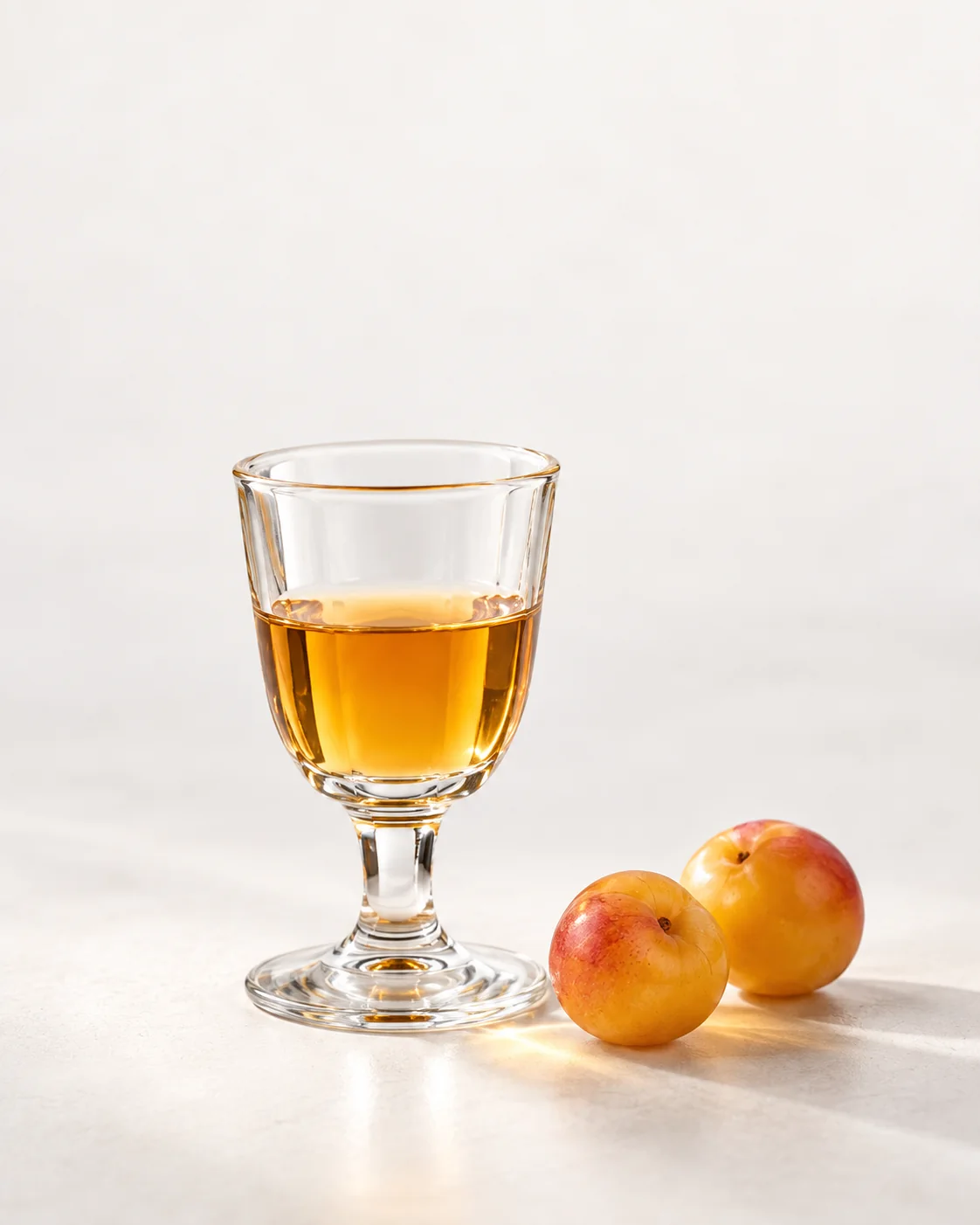 A 40 ml serve of Mirabelle Plum in a small stemmed glass, colour against the light