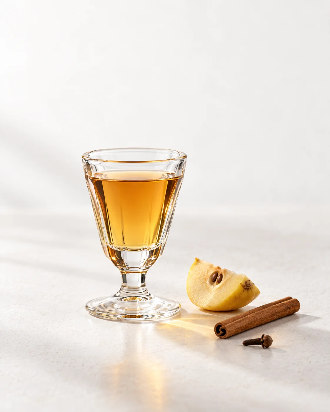 A 40 ml serve of Spiced Quince in a small stemmed glass, colour against the light