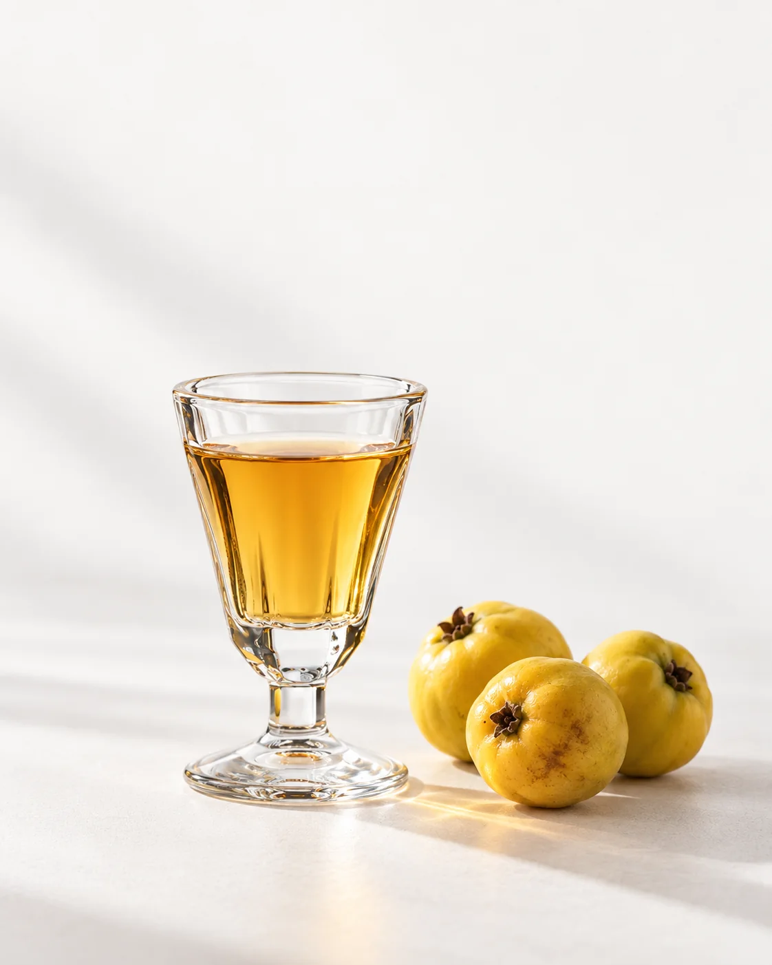 A 40 ml serve of Japanese Quince in a small stemmed glass, colour against the light