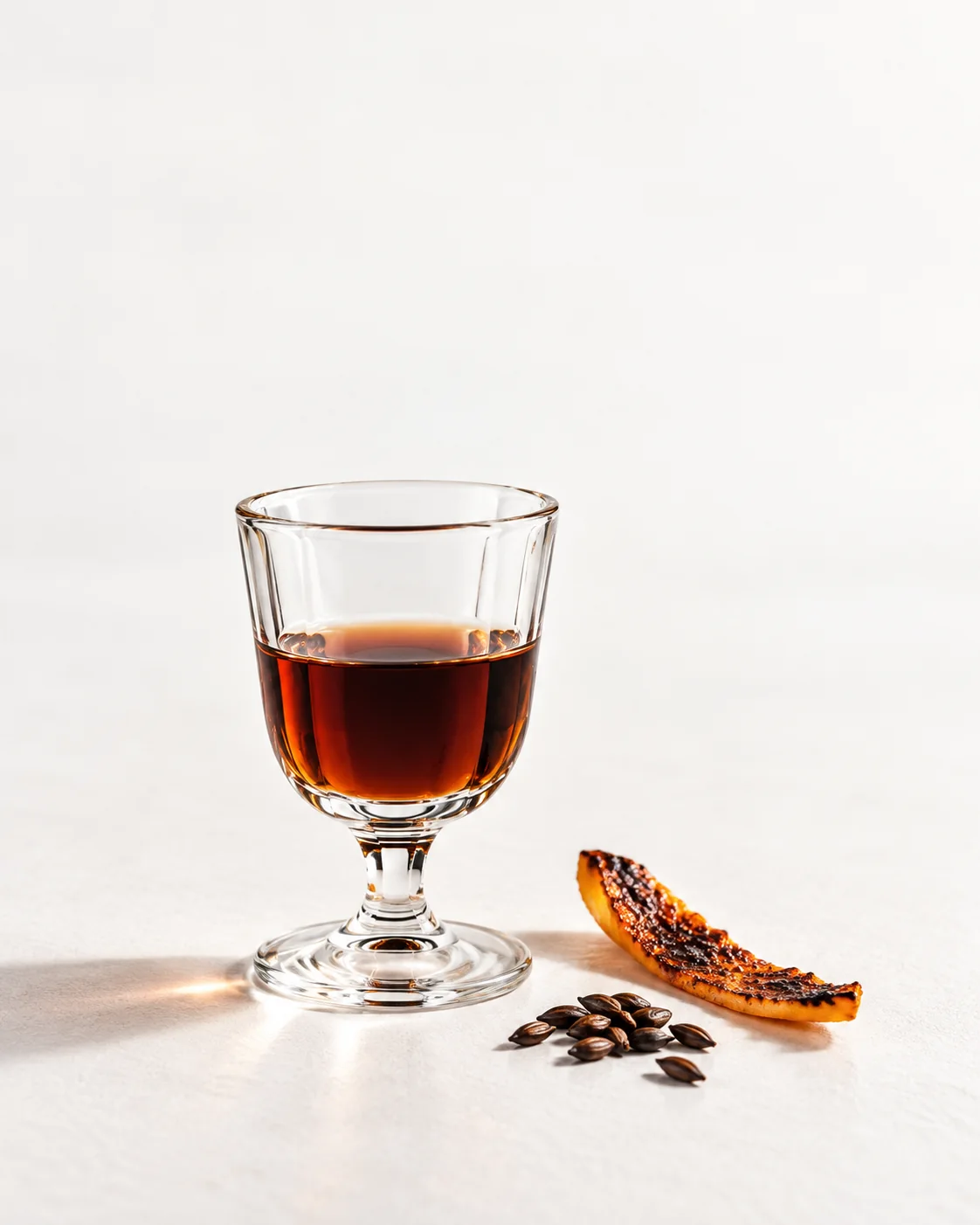 A 40 ml serve of Burnt Orange in a small stemmed glass, colour against the light