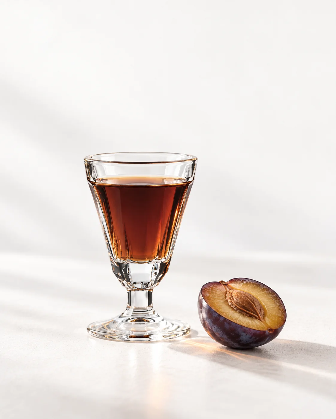A 40 ml serve of Plum in a small stemmed glass, colour against the light