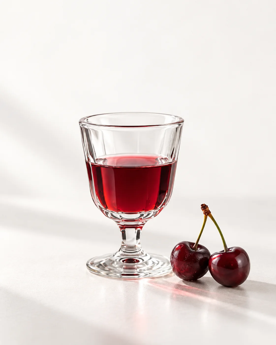 A 40 ml serve of Sour Cherry in a small stemmed glass, colour against the light
