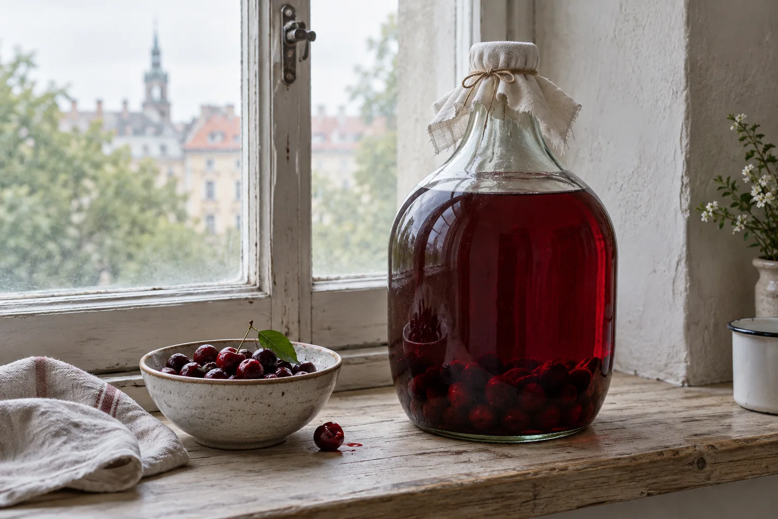 Duży gąsior z wiśniami pod alkoholem na parapecie, obok miska wiśni