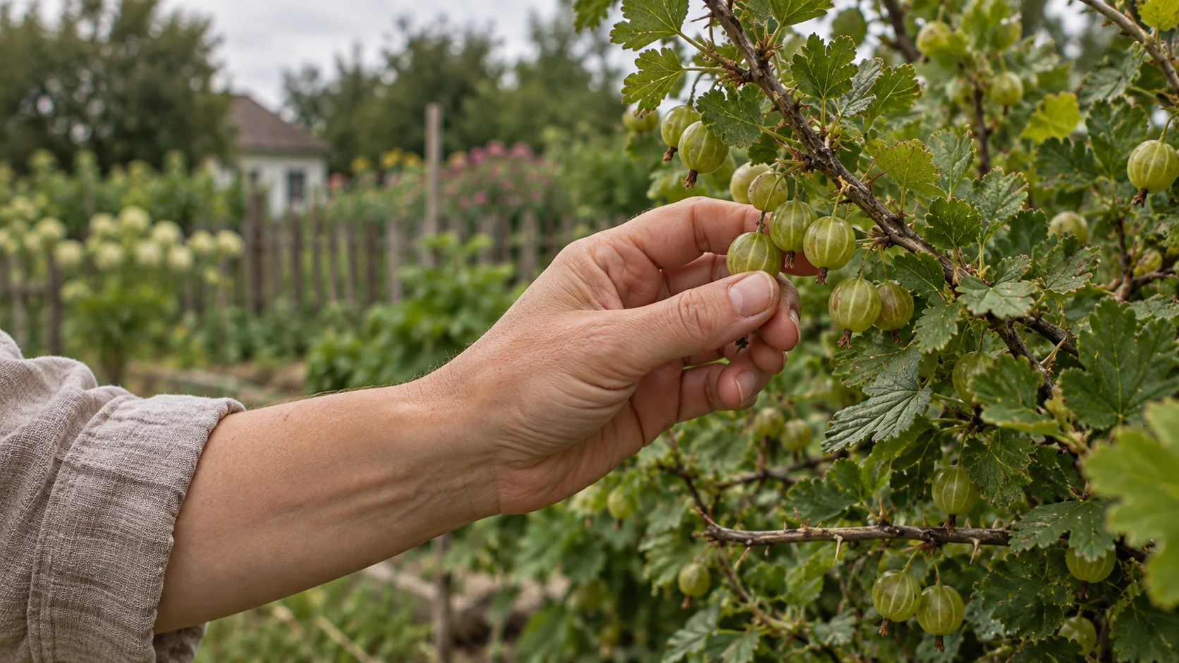 A hand with gooseberries on a thorny branch in the garden - gooseberry nalewka recipe