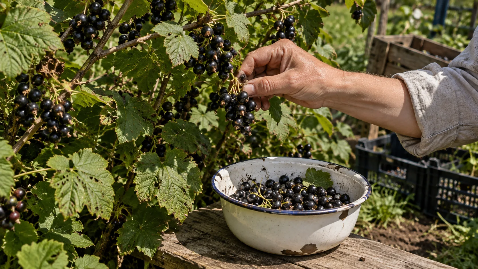 A hand picking blackcurrants from the bush into a bowl - blackcurrant nalewka