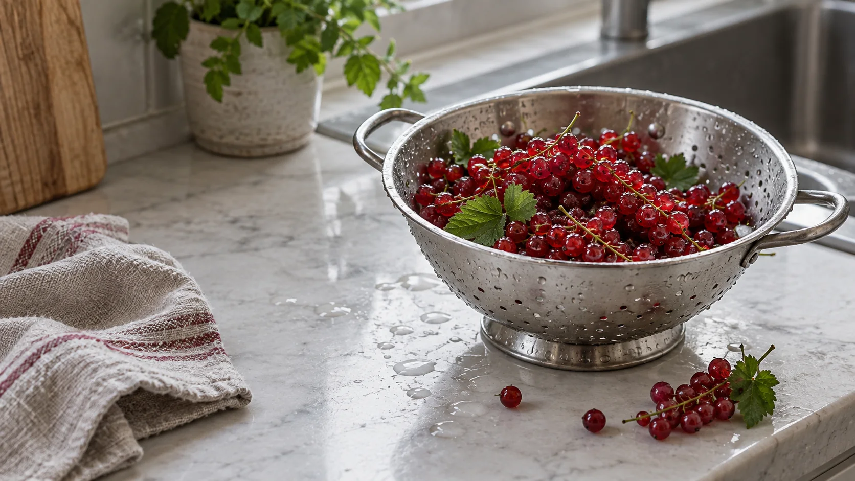 Redcurrant sprigs in a colander by the sink - redcurrant nalewka