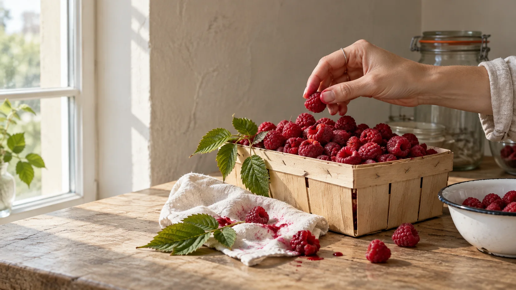 Fresh raspberries in a wooden punnet and a hand with juice on the fingers - raspberry nalewka recipe