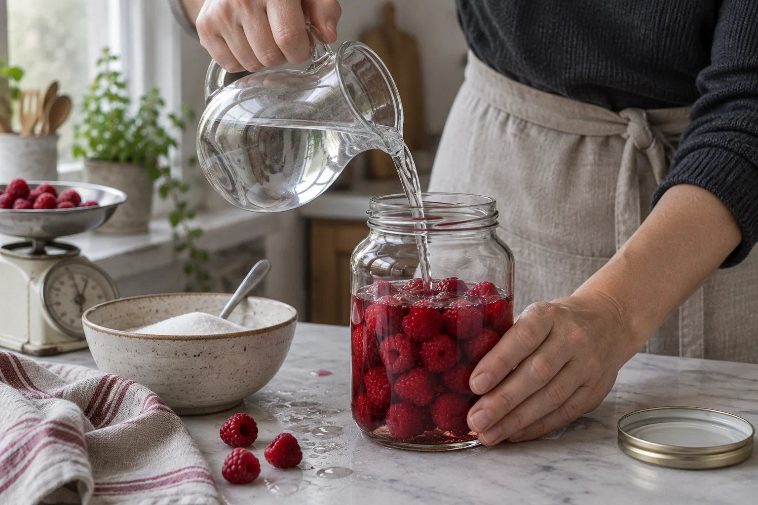 Dłonie zalewają maliny spirytusem w słoju na jasnym kuchennym blacie
