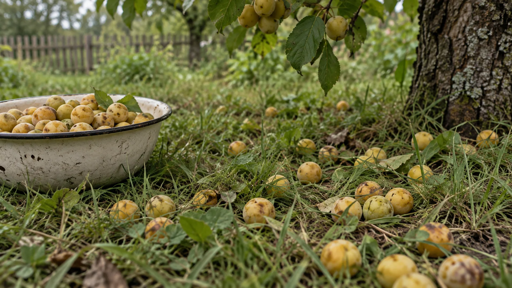 Ripe mirabelle plums in the grass under a tree and an enamel bowl full of fruit - mirabelle plum nalewka