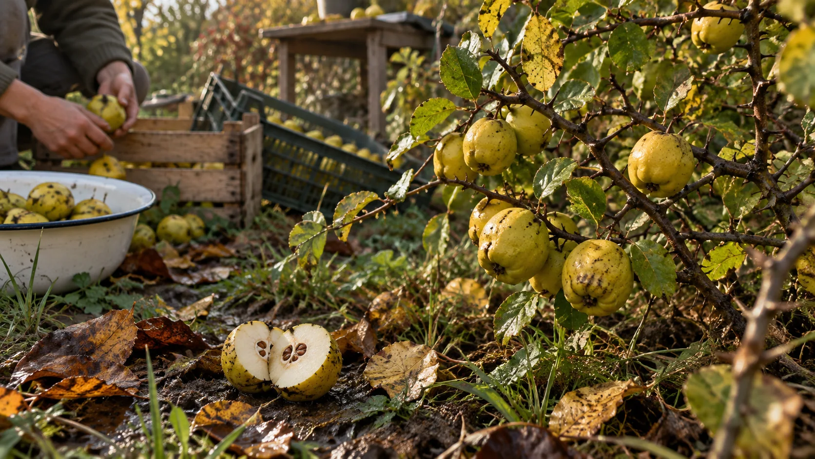 Japanese quince fruit on a thorny shrub in autumn - japanese quince nalewka recipe