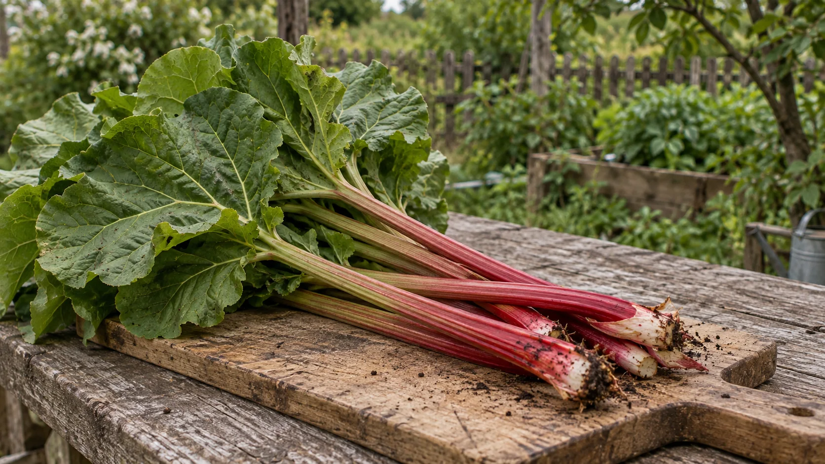 Fresh rhubarb stalks with leaves on a wooden table in the garden