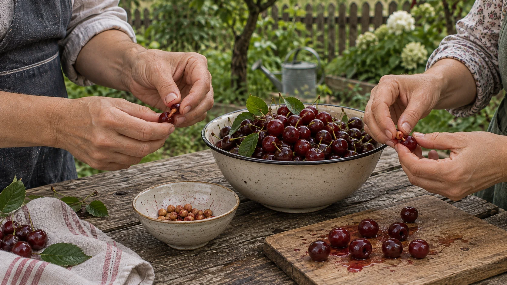 Two pairs of hands stoning sour cherries over an enamel bowl - sour cherry nalewka