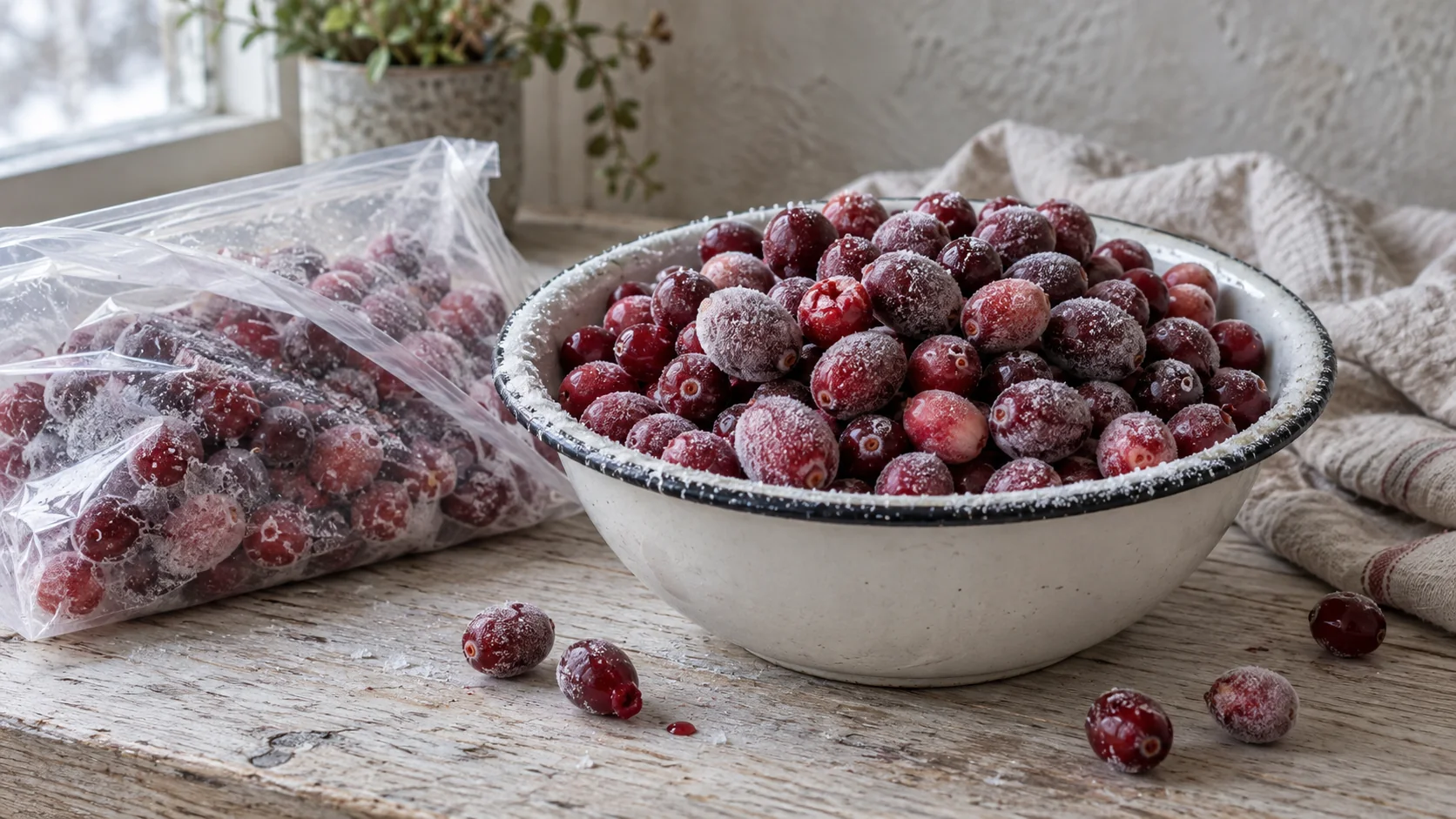 Frozen, frosted cranberries in a bowl - cranberry nalewka recipe