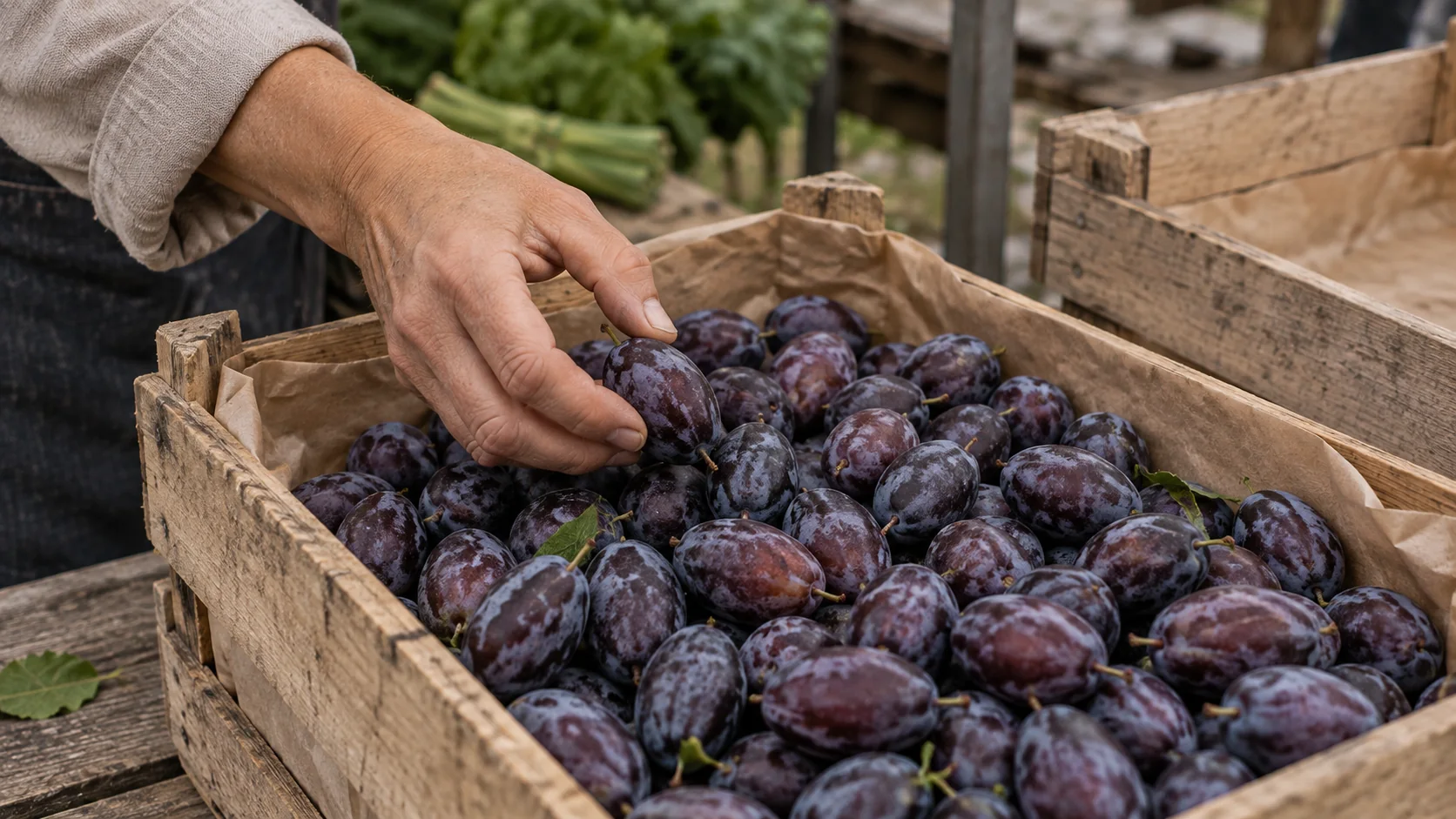 Ripe prune plums with their bloom in a wooden crate, a hand by the fruit