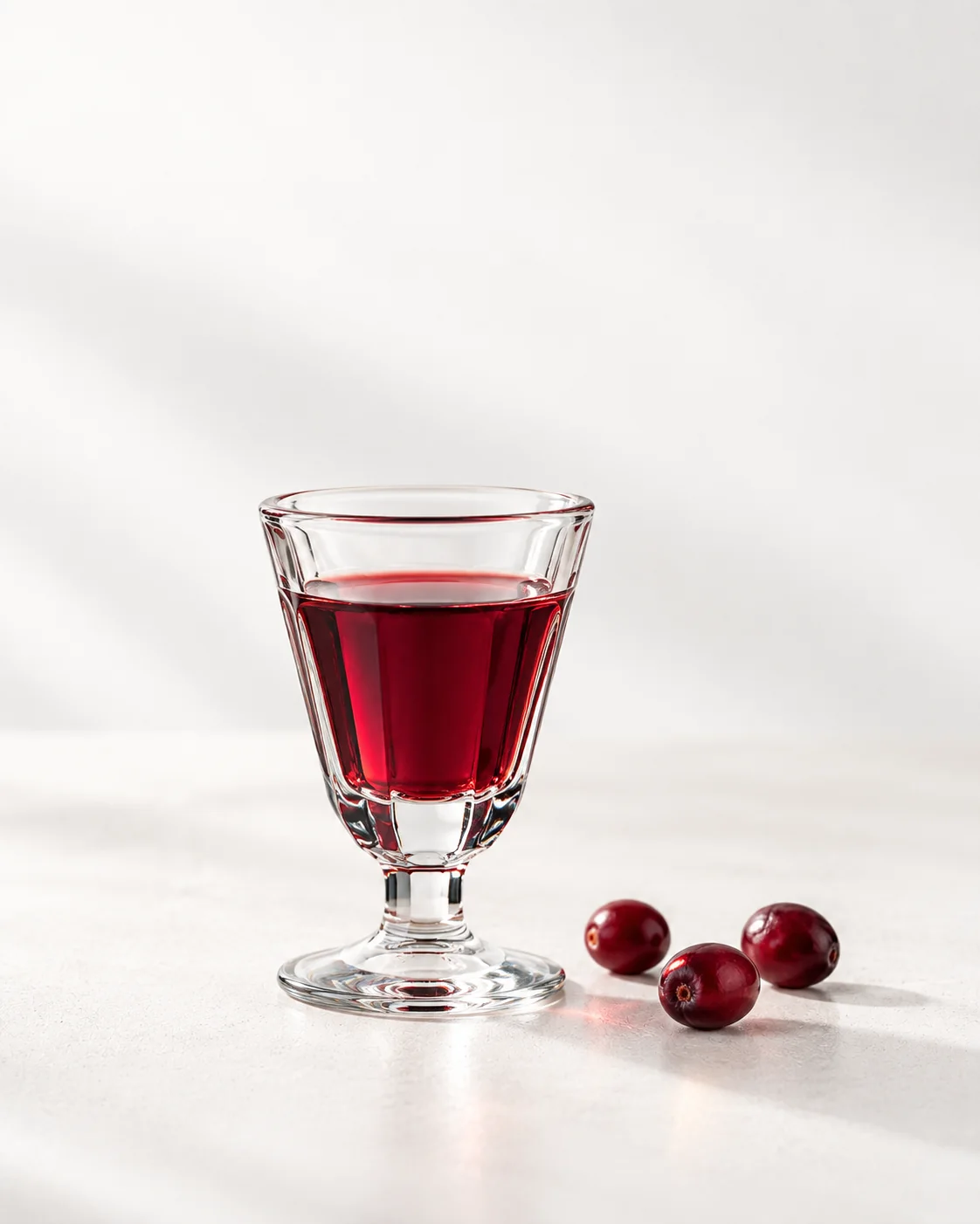 A 40 ml serve of Cranberry in a small stemmed glass, colour against the light
