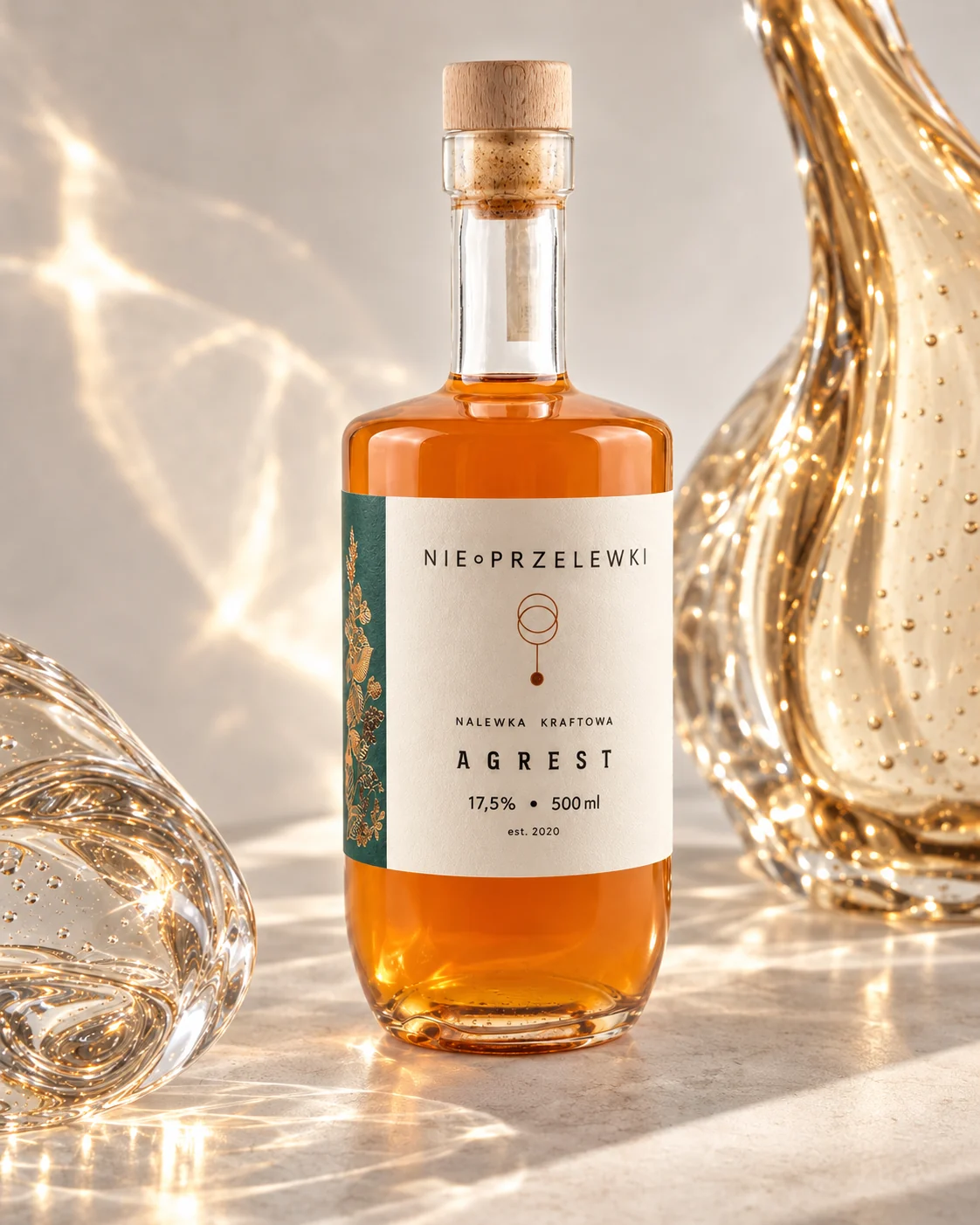 Nie Przelewki Gooseberry nalewka 500 ml bottle among glass forms, light refracted in the glass