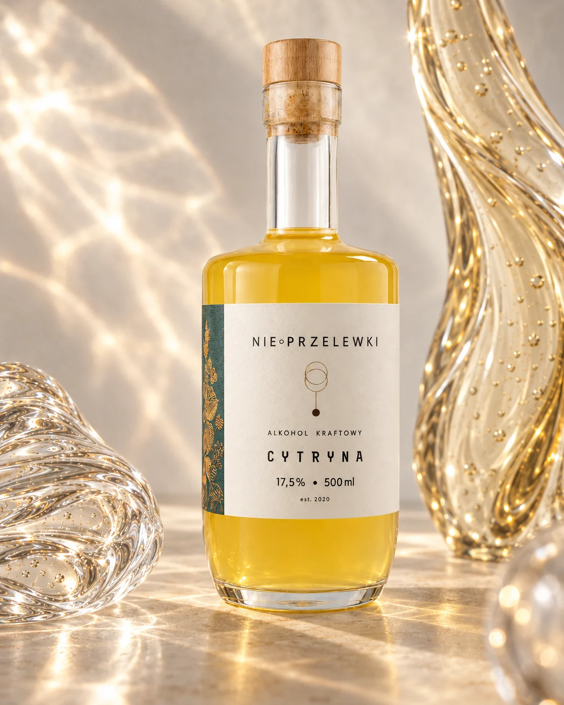 Nie Przelewki Lemon 500 ml bottle, fruit-infused spirit, among glass forms, light refracted in the glass
