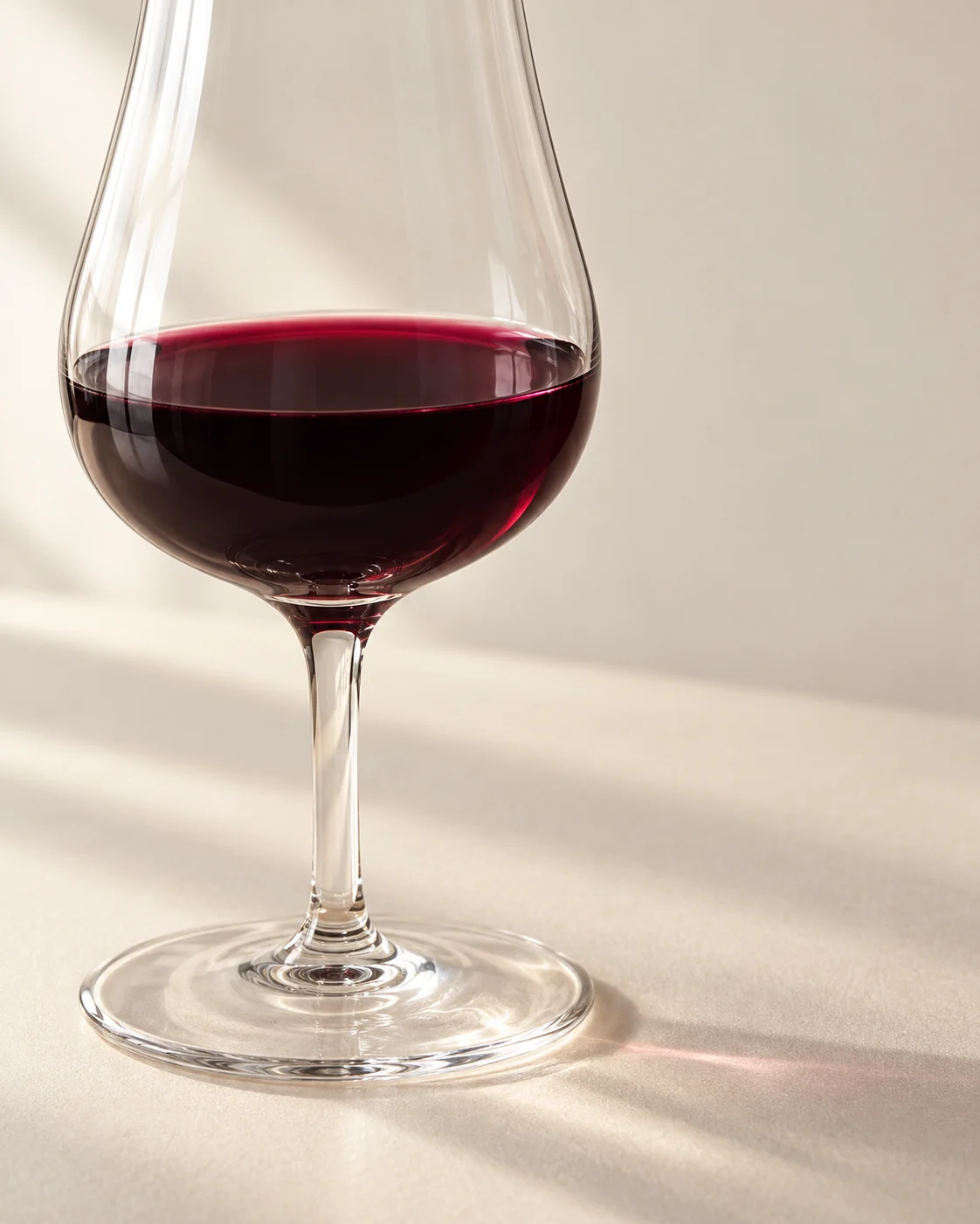 Detail of the bowl and foot of a modern glass with dark Blackcurrant