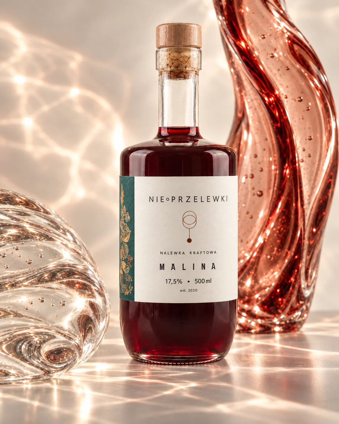 Nie Przelewki Raspberry nalewka 500 ml bottle among glass forms, light refracted in the glass