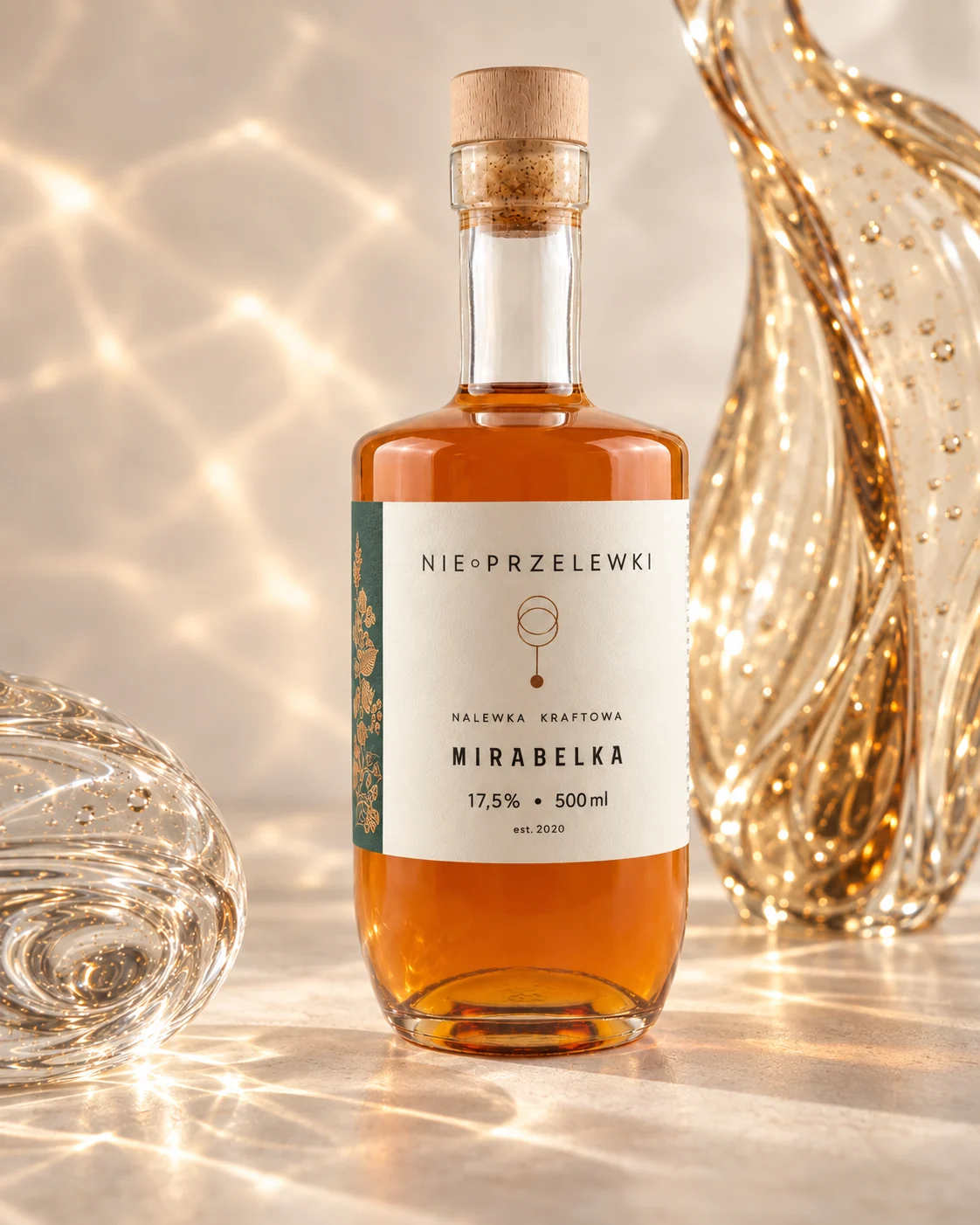Nie Przelewki Mirabelle Plum nalewka 500 ml bottle among glass forms, light refracted in the glass
