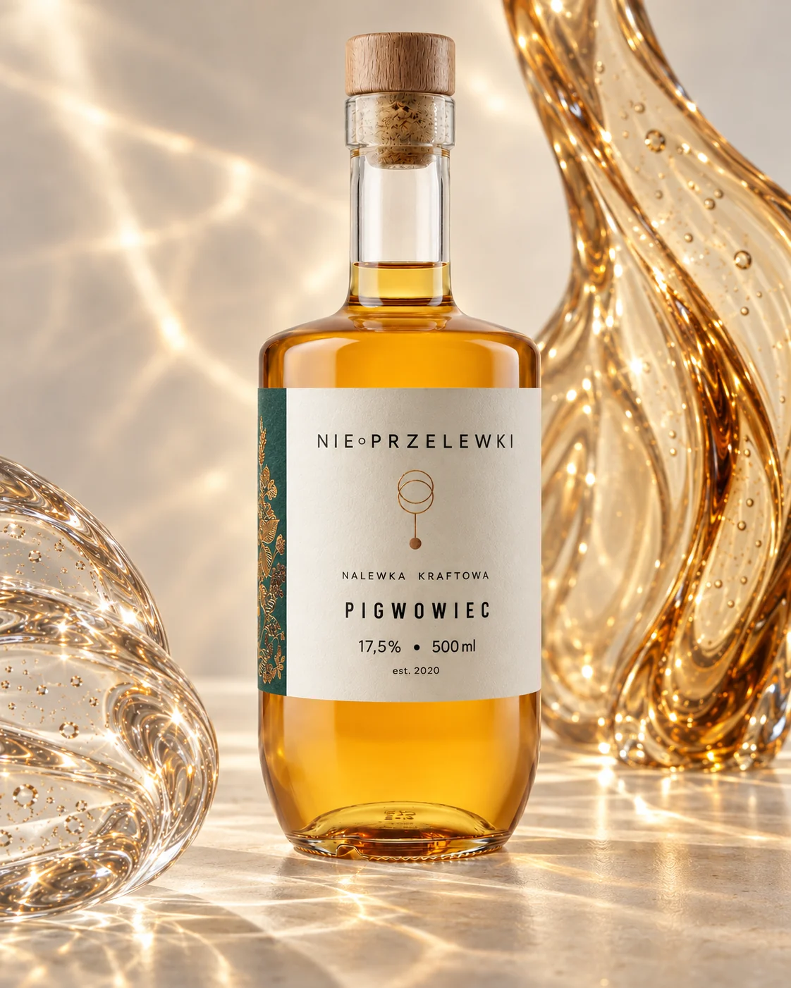 Nie Przelewki Japanese Quince nalewka 500 ml bottle among glass forms, light refracted in the glass