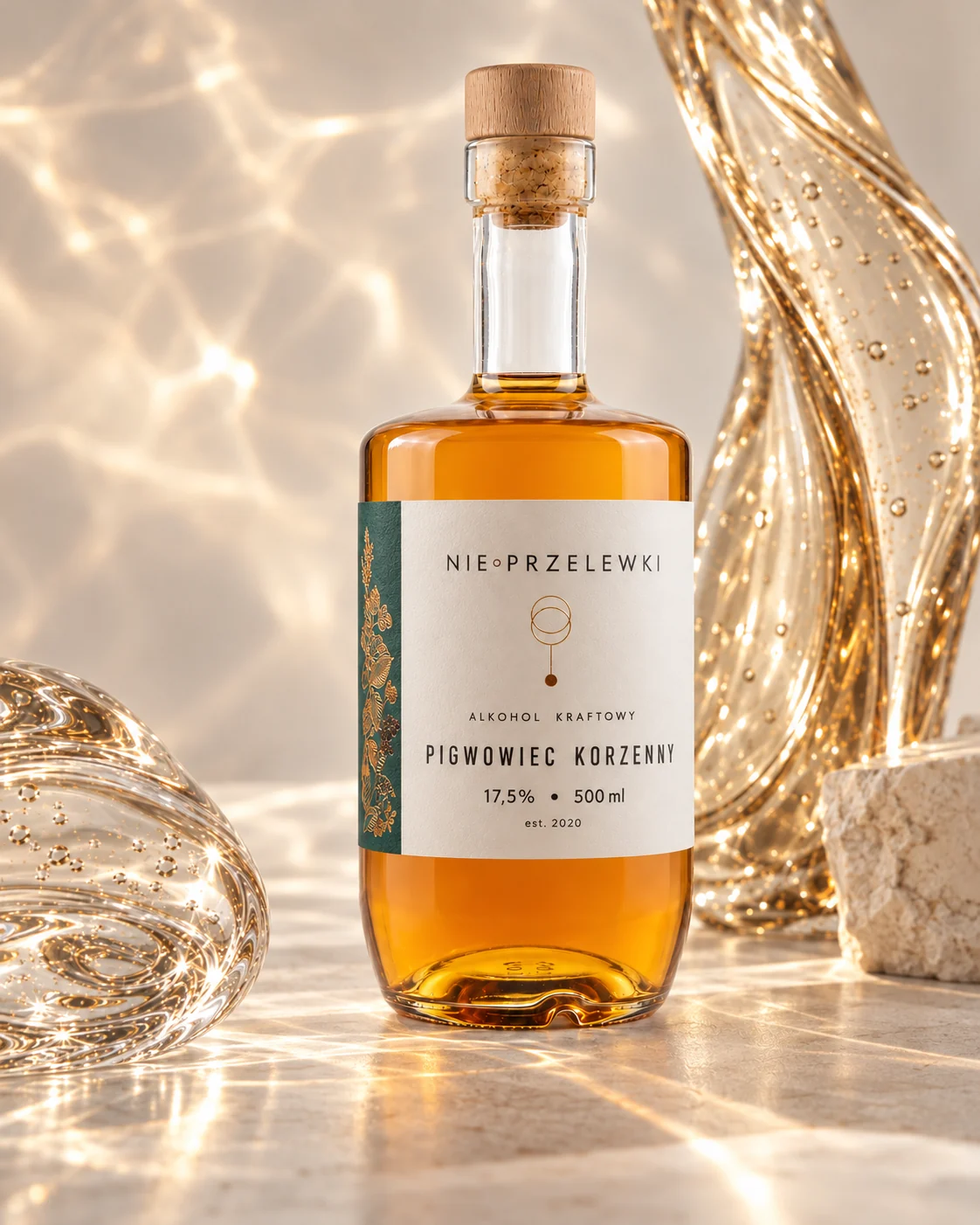 Nie Przelewki Spiced Quince 500 ml bottle, fruit-infused spirit, among glass forms, light refracted in the glass
