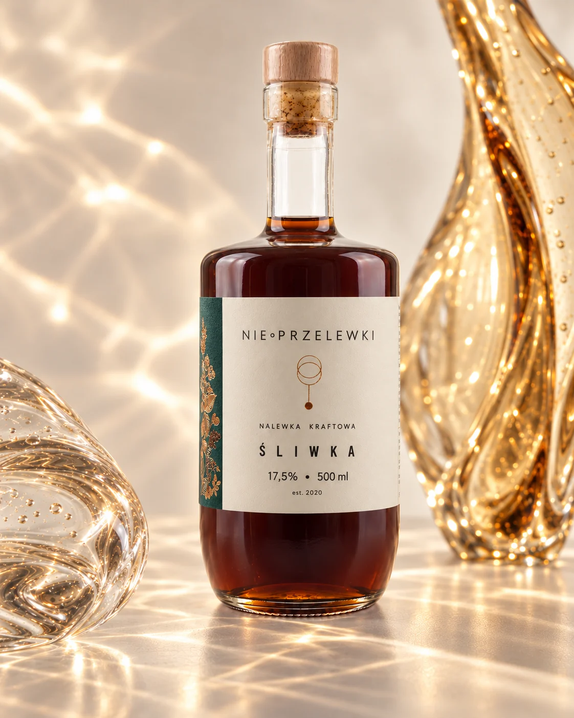 Nie Przelewki Plum nalewka 500 ml bottle among glass forms, light refracted in the glass