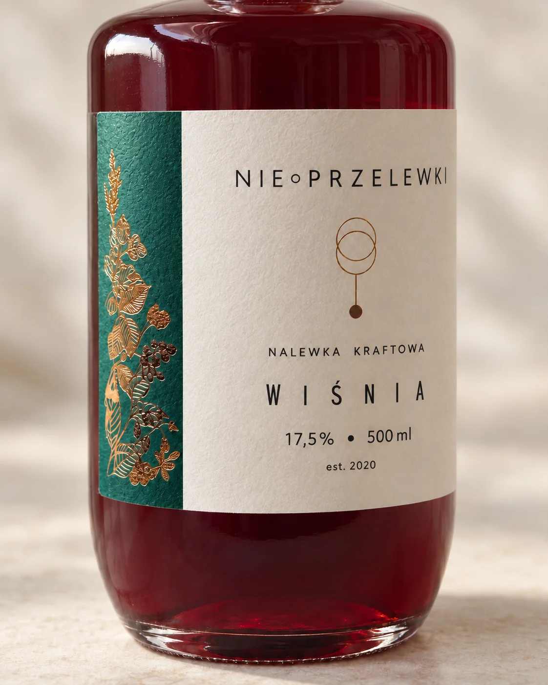 Close-up of the Nie Przelewki Sour Cherry label: flavour name, 17.5% and 500 ml