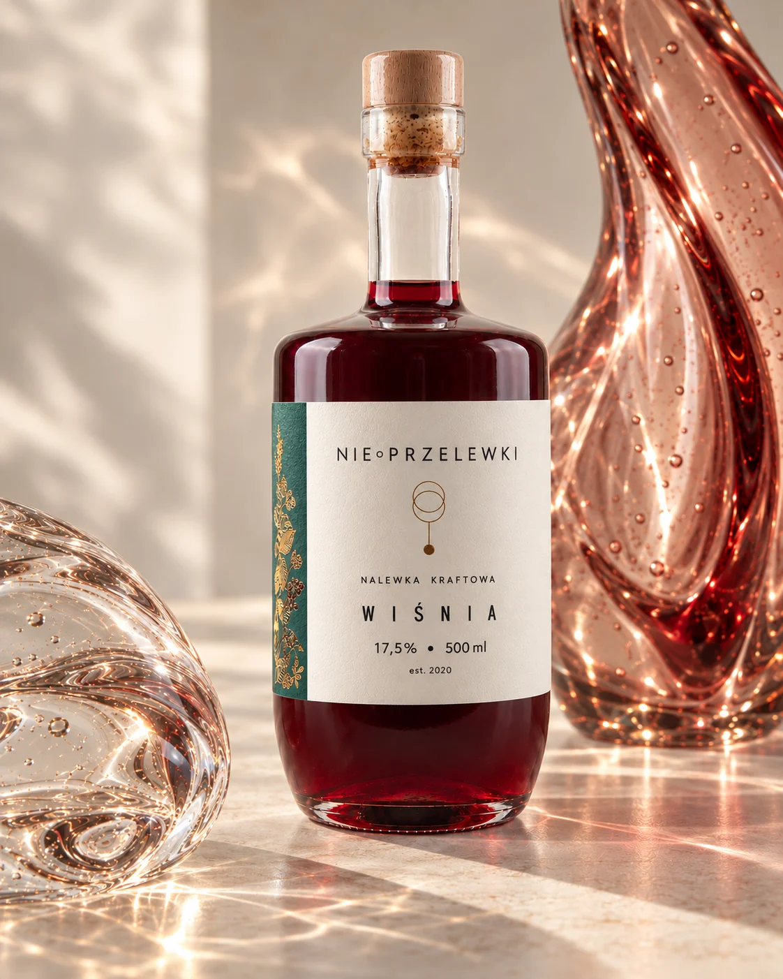 Nie Przelewki Sour Cherry nalewka 500 ml bottle among glass forms, light refracted in the glass