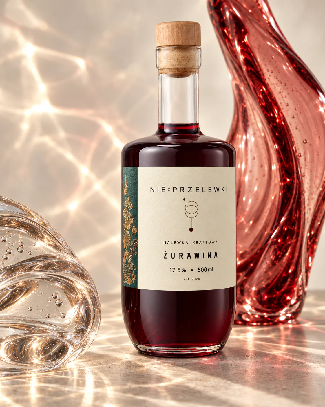 Nie Przelewki Cranberry nalewka 500 ml bottle among glass forms, light refracted in the glass