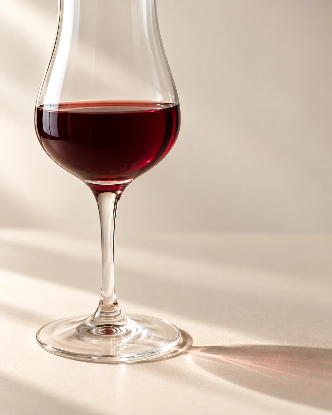 Detail of the foot and bowl of a glass with dark Cranberry