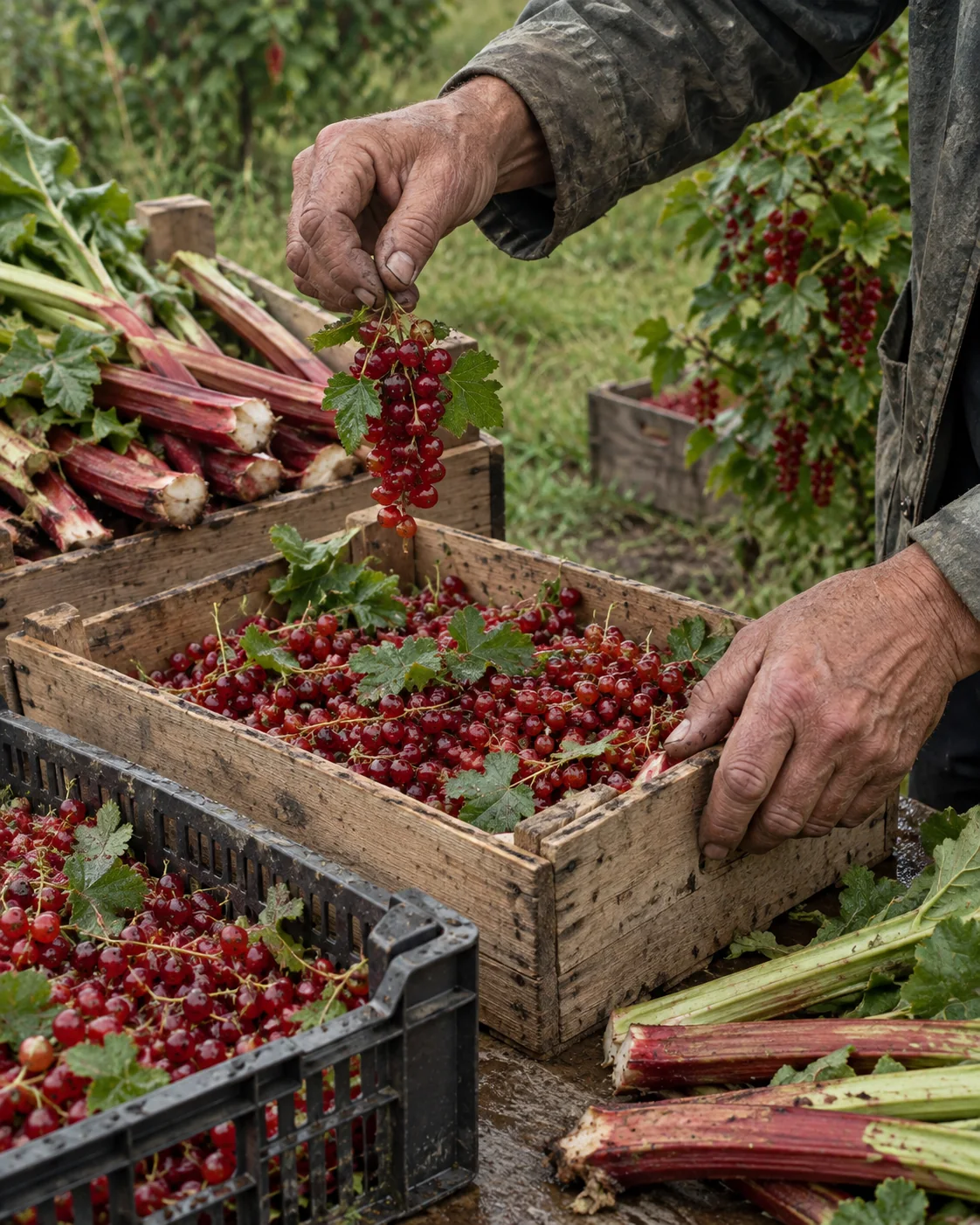 A fruit grower's work-worn hands holding up redcurrants over a crate of rhubarb