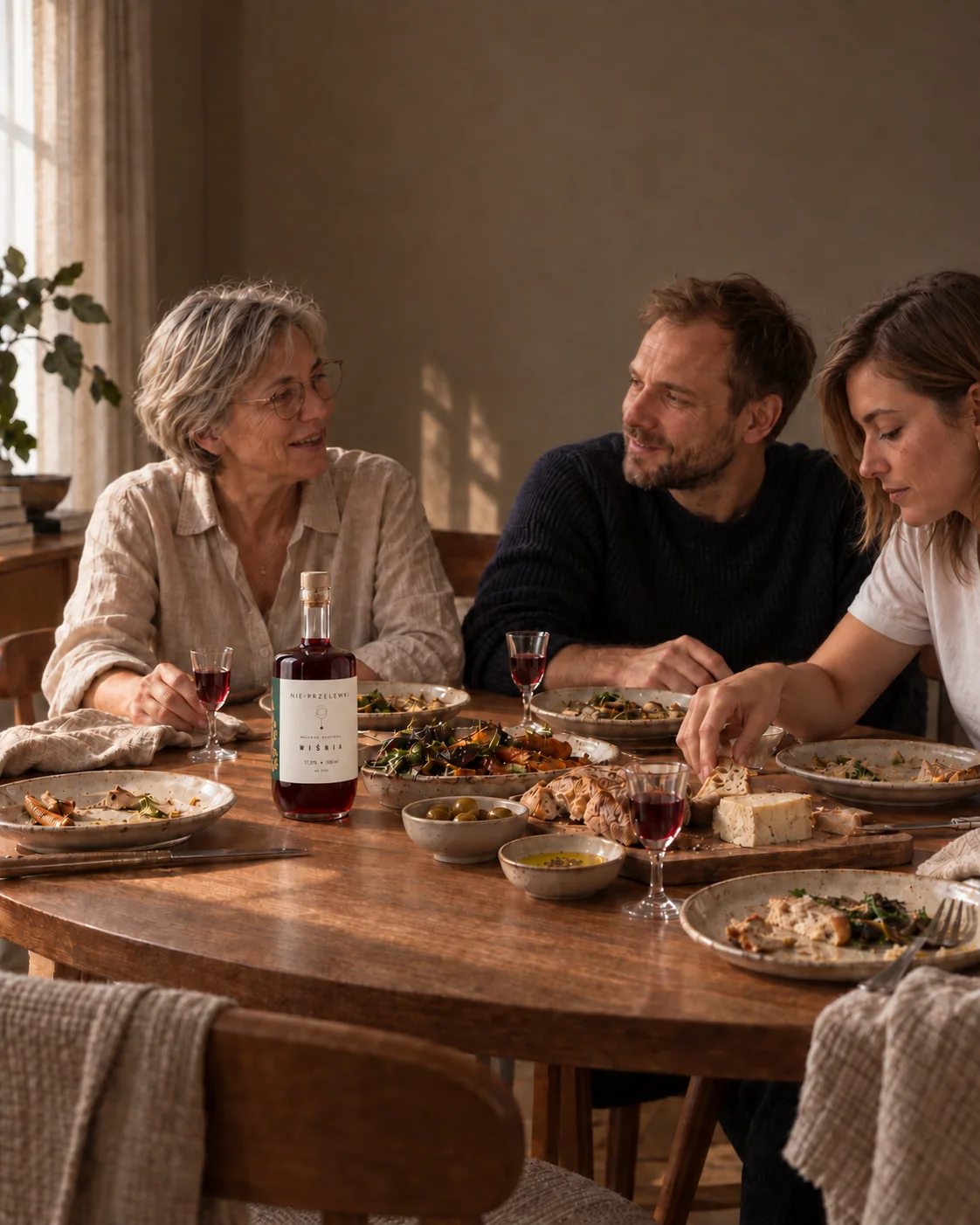 Friends of different ages at a table in a bright flat, a bottle of Sour Cherry nalewka between the plates