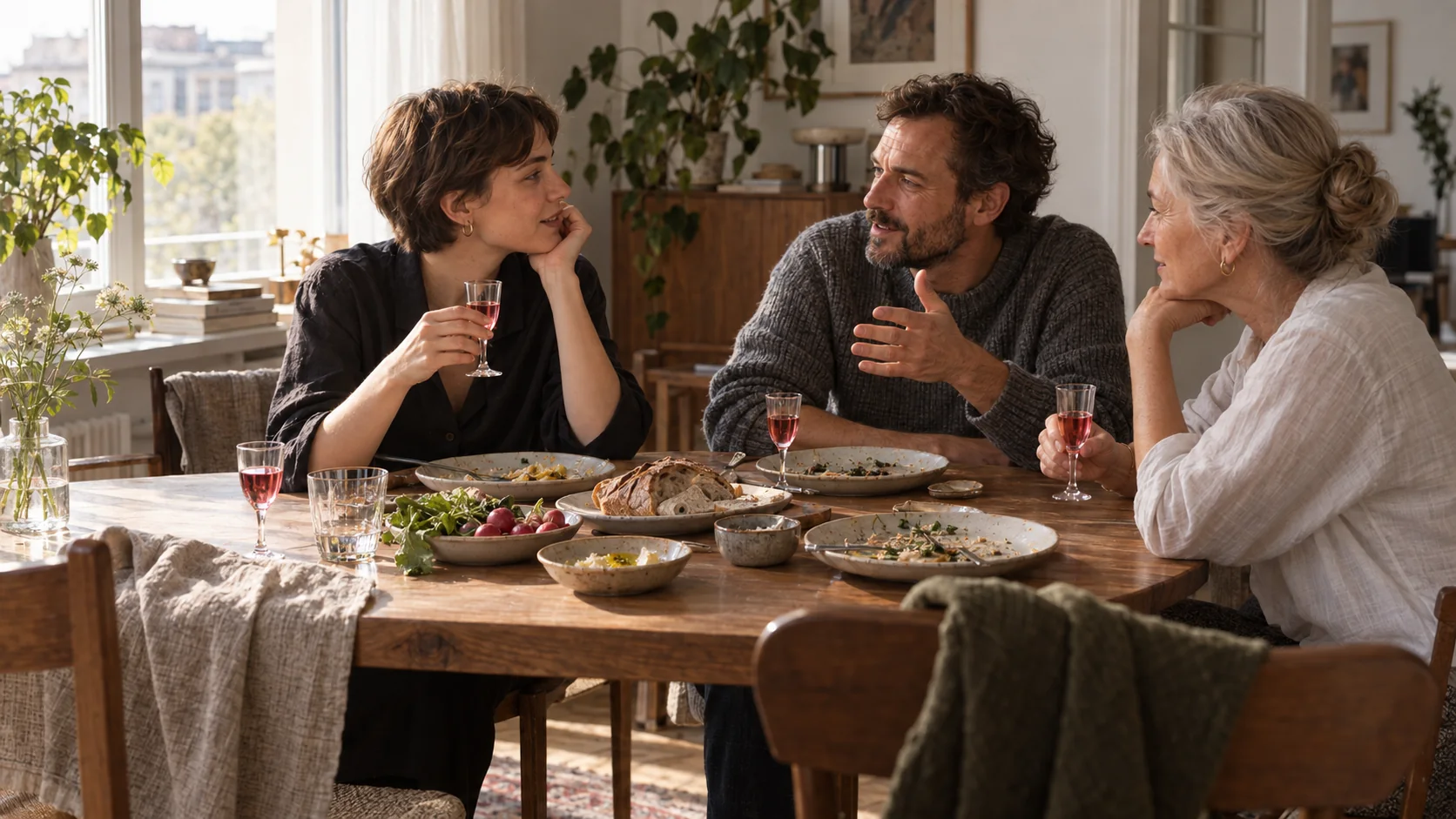 Friends at the table after lunch, small glasses and a bottle of Rhubarb nalewka