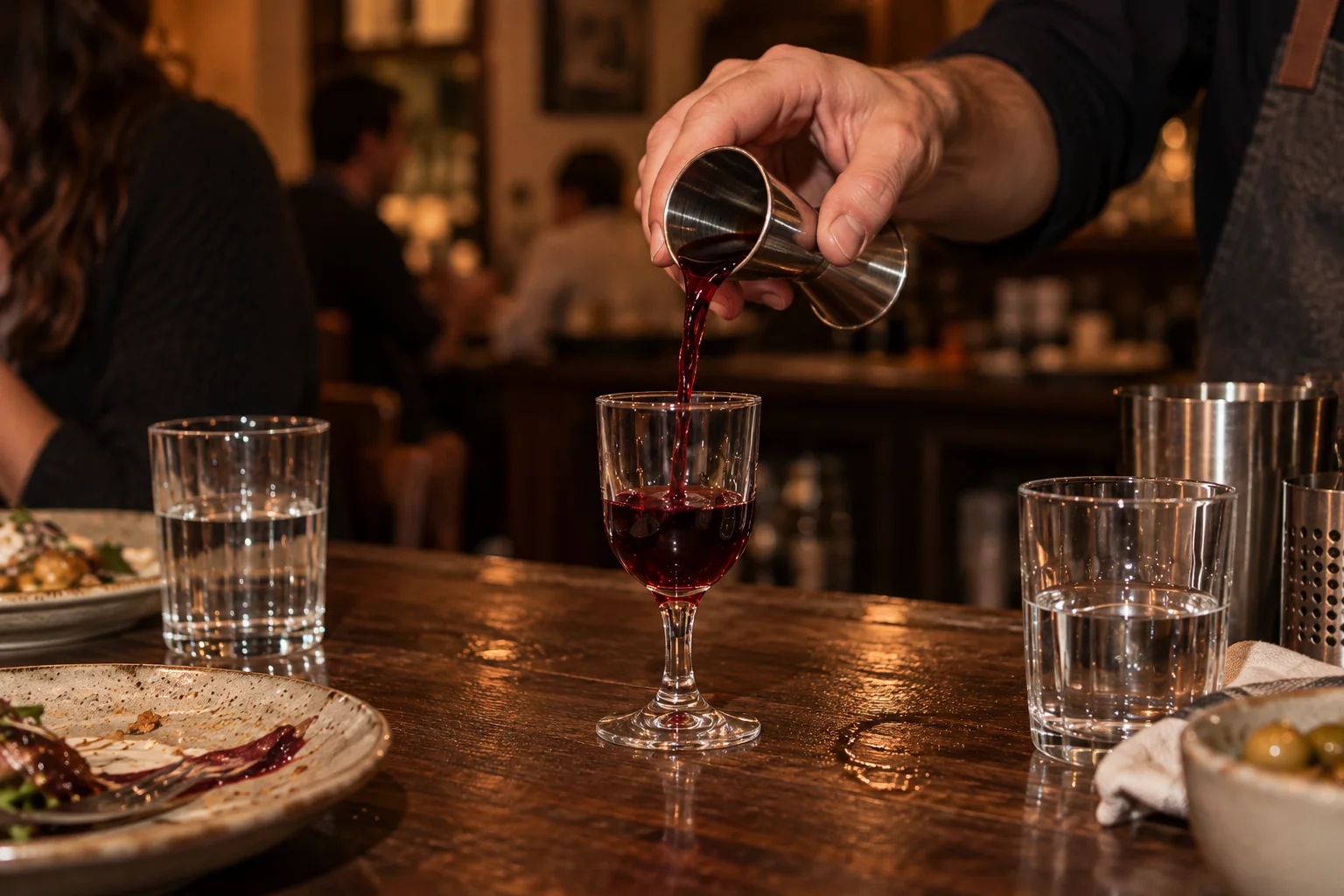 Barman nalewa porcję nalewki wiśniowej z miarki do kieliszka